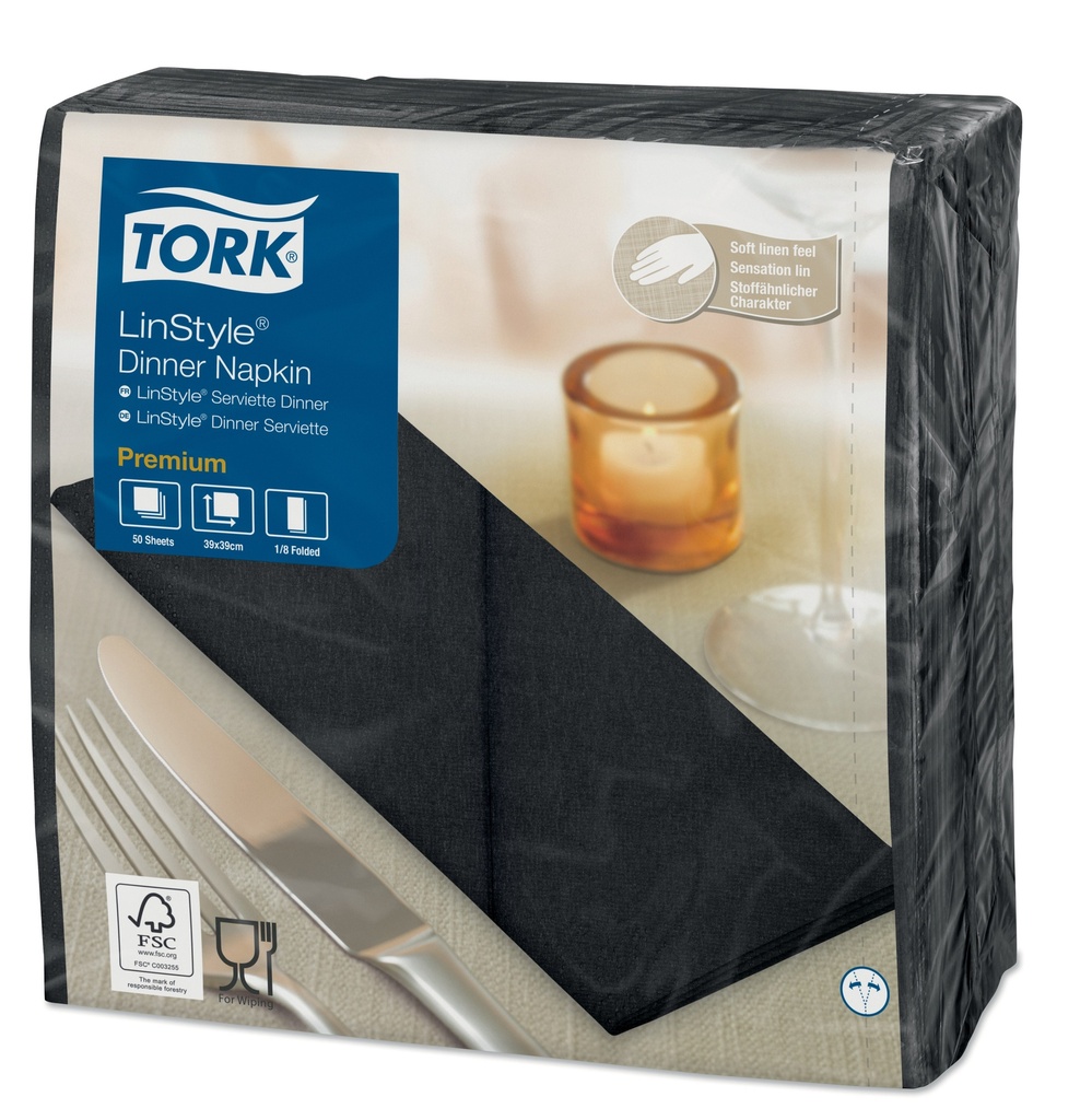 Serviette de Table Tork LinStyle 39x39cm pliage 1/8 Noir x 700pcs
