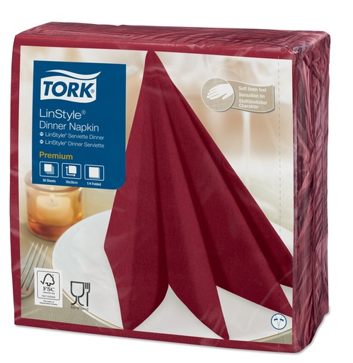 [47 88 55- Burgundy] [508855] Serviette de Table Tork Linstyle 39x39 pliage1/4 -x600pces-Bord