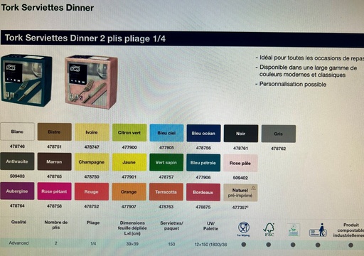 Serviette de Table Tork Dinner 39x39cm,2 plis -1.800pcs-Ton doux