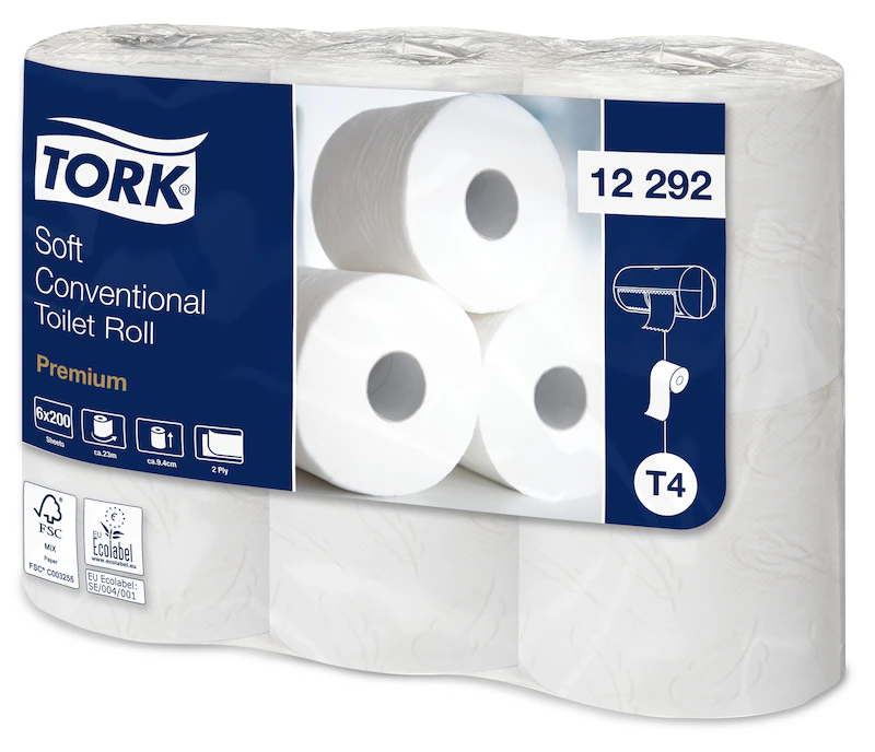 Tork Papier Toilette Rouleau Traditionnel 2 plis Blanc 200 Coupons T4 Premium x48Rlx