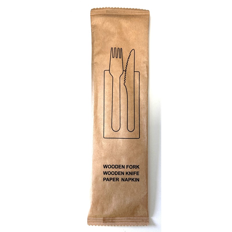 Set couverts bois tripack couteau / fourchette / serviette - x250 pièces