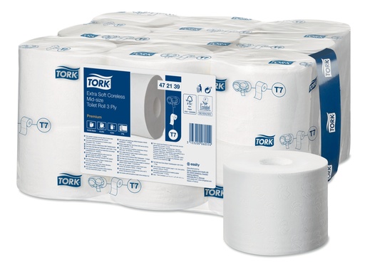 [472650] [502331] Tork OptiServe® Papier toilette sans mandrin Extra Doux 550 coupons- 3 plis - Blanc -Premium T7 x18Rlx