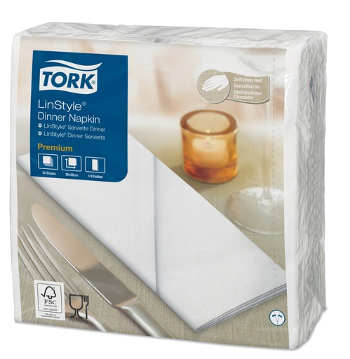 [478145 - NVX 478180] [50667] Serviette de Table Tork Linstyle 39x39 blanc.pliage 1/ 8 -x600pces