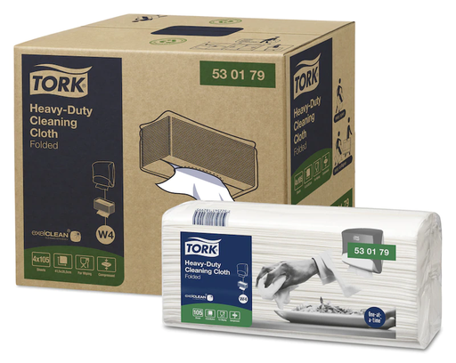 [530179] [530179] Tork Heavy-Duty Blanc Chiffon de Nettoyage Plié W4 - 4x105 coupons